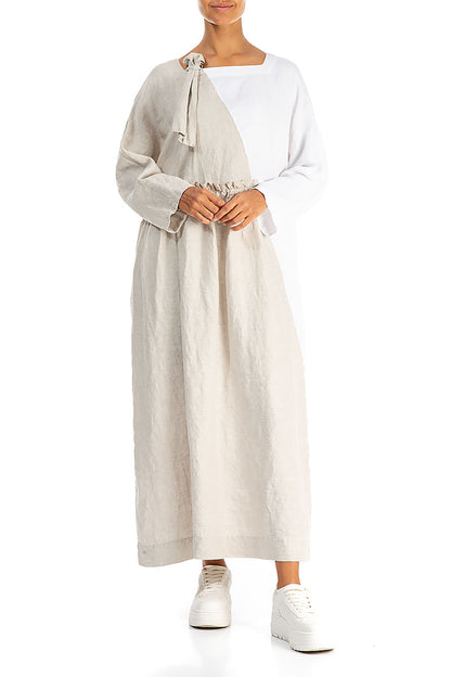 Side Ribbon Natural White Linen Dress 4