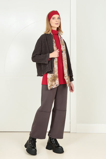 Strukturierte Leinenjacke in Waldbraun mit einem Knopf