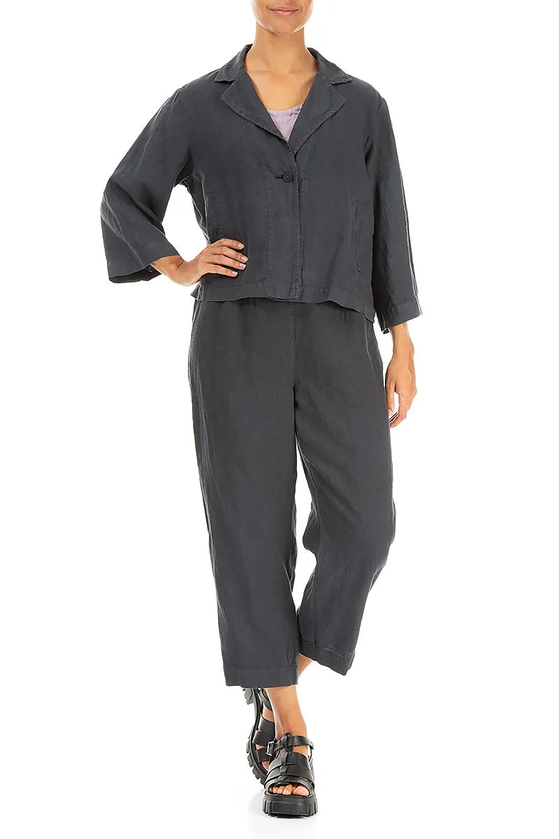 Single Button Graphite Linen Blazer Jacket 4