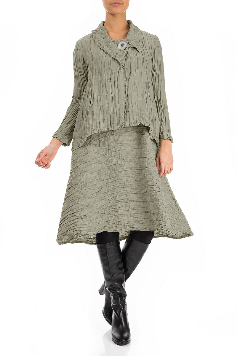 Single Button Olive Grey Crinkled Silk Linen Jacket 5
