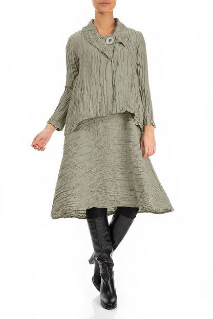 Single Button Olive Grey Crinkled Silk Linen Jacket 5