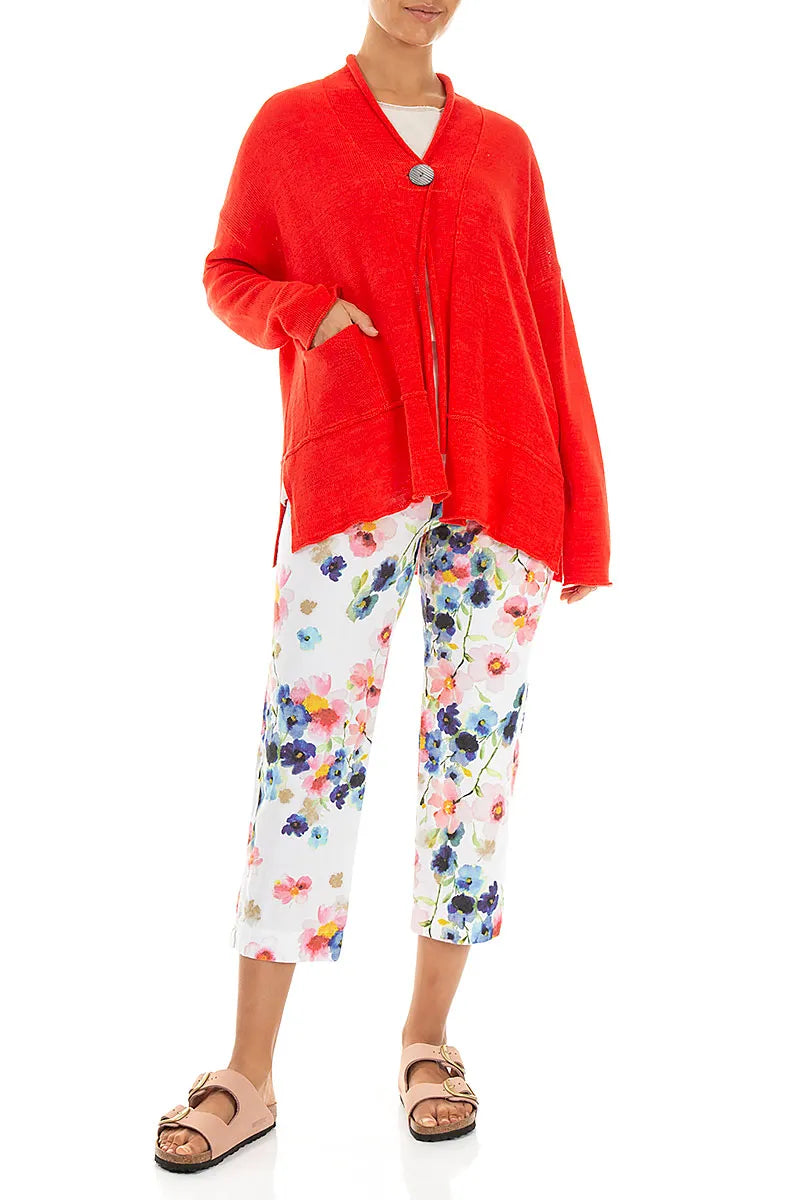 Einreihiger roter Leinen-Cardigan