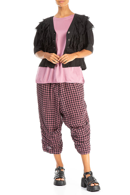 Six Pockets Mauve Taupe Check Linen Trousers 4