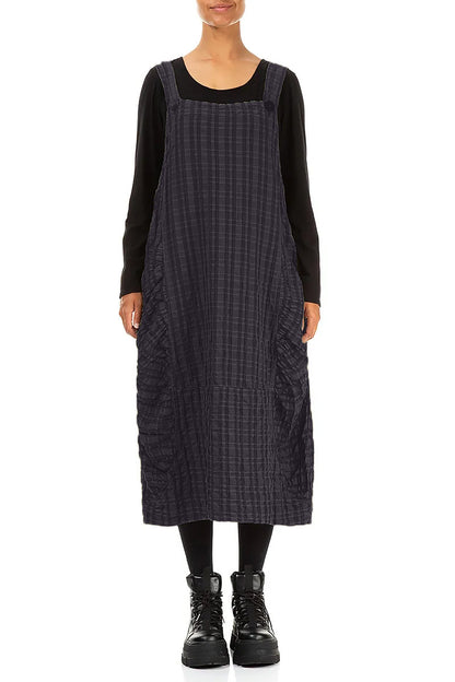 Slate Blue Checkered Linen Cotton Pinafore Dress 1