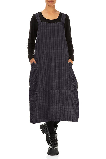 Slate Blue Checkered Linen Cotton Pinafore Dress 3