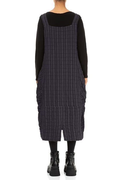 Slate Blue Checkered Linen Cotton Pinafore Dress 2