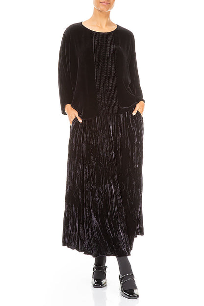 Schieferblauer, geknitterter Seidensamtrock