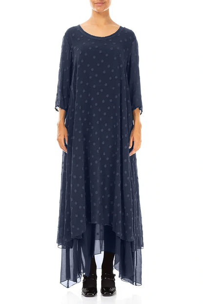 Slate Blue Dotty Silk Maxi Dress 1