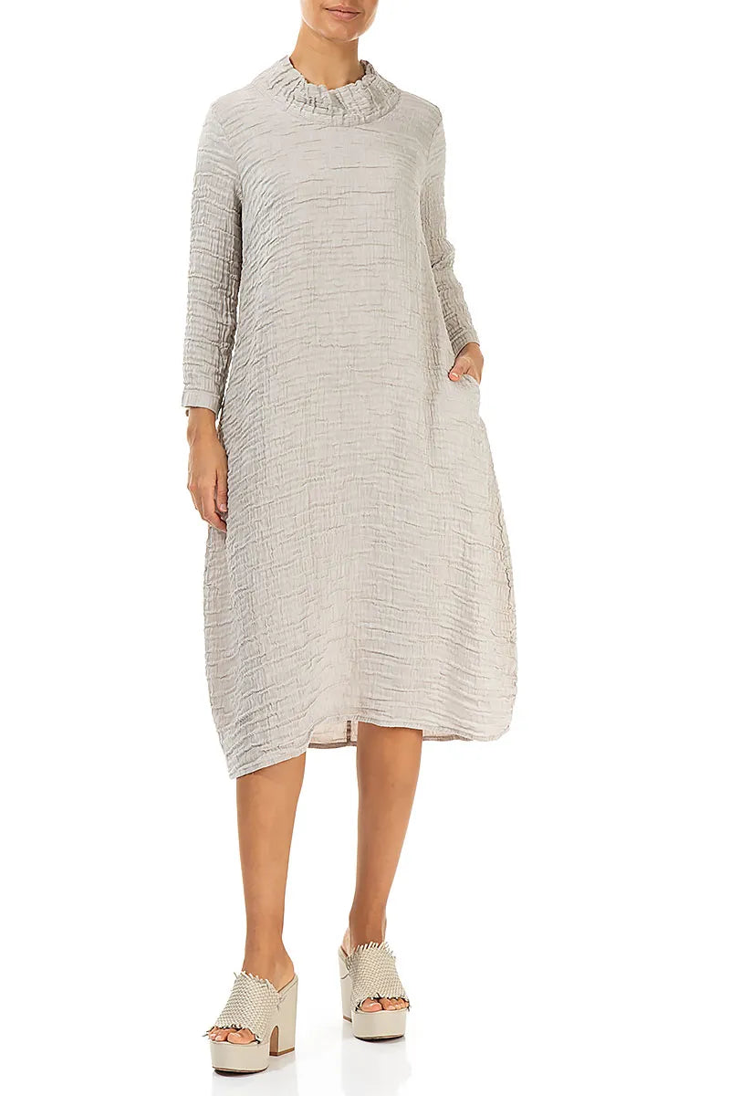Sleeved Cowl Neck Beige Crinkled Silk Linen Dress 4