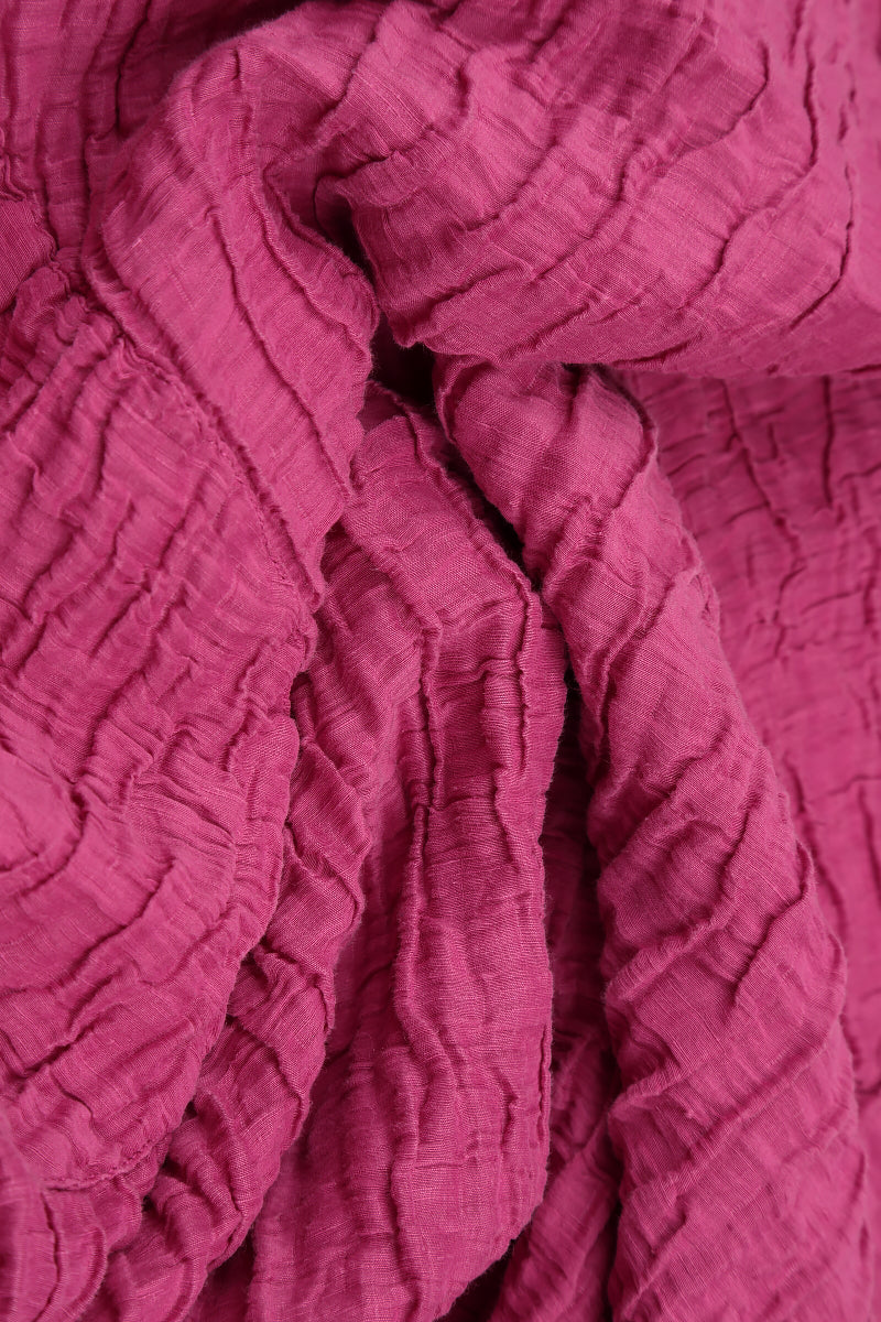 Sleeved Cowl Neck Fuchsia Crinkled Silk Linen Dress 5