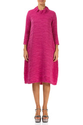Sleeved Cowl Neck Fuchsia Crinkled Silk Linen Dress 1