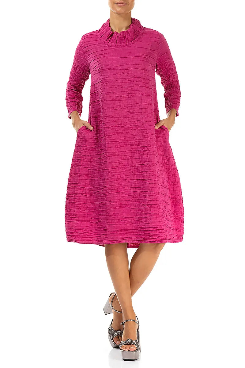 Sleeved Cowl Neck Fuchsia Crinkled Silk Linen Dress 4