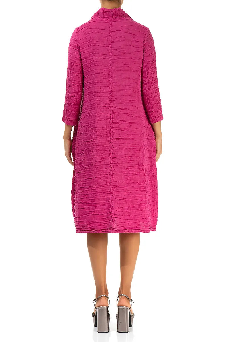 Sleeved Cowl Neck Fuchsia Crinkled Silk Linen Dress 2