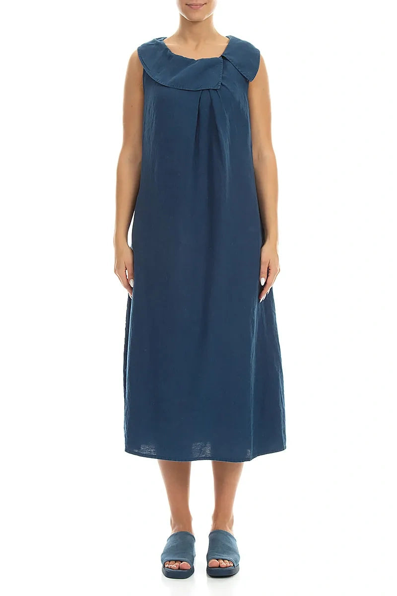 Sleeveless A-line Navy Linen Dress 1