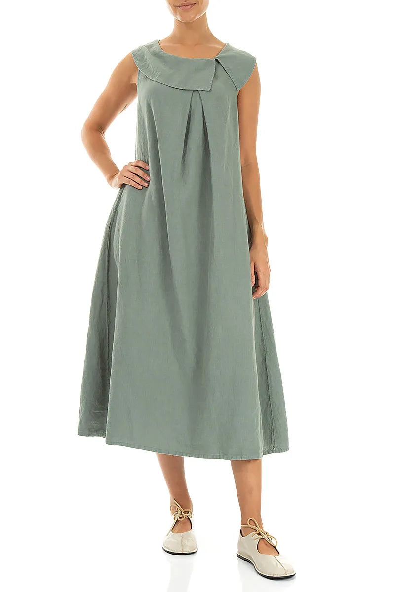 Ärmelloses A-Linien-Leinenkleid in Salbeigrün