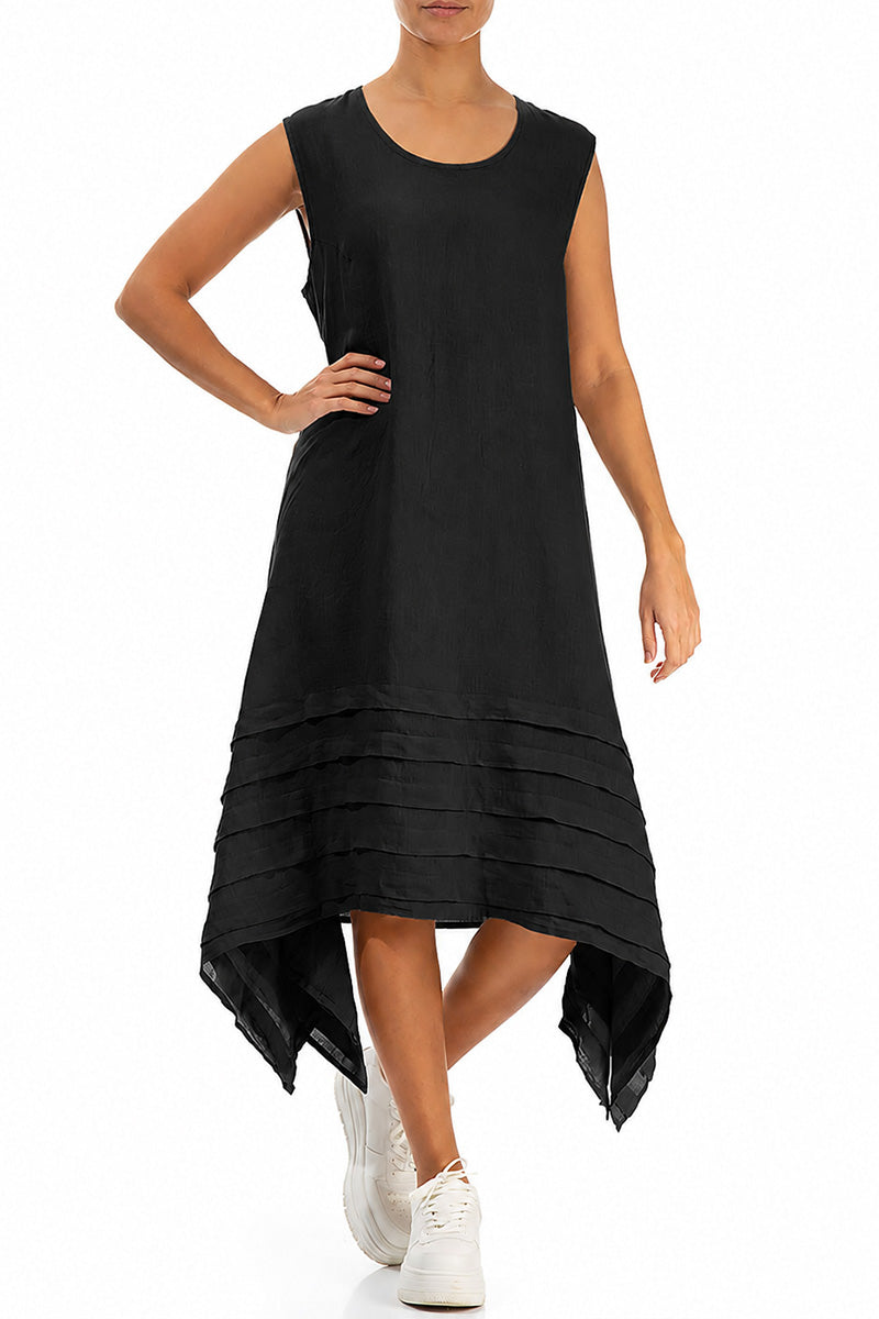 Ärmelloses asymmetrisches schwarzes Leinenkleid