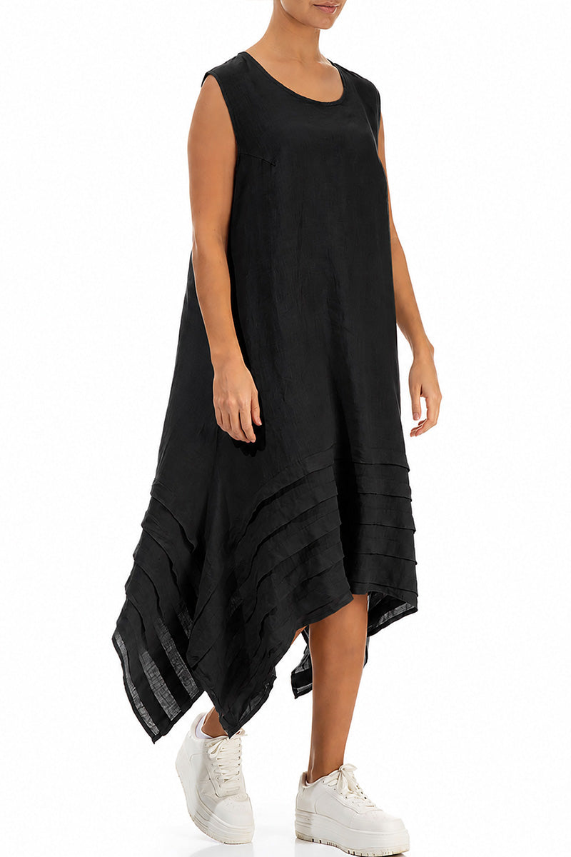 Ärmelloses asymmetrisches schwarzes Leinenkleid