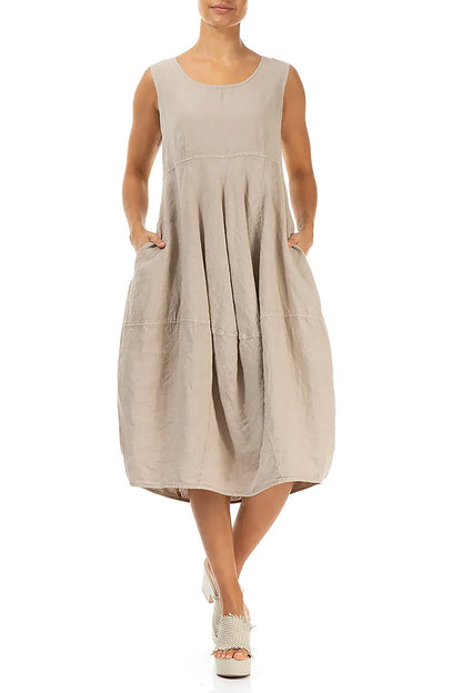 Sleeveless Balloon Beige Linen Dress 4