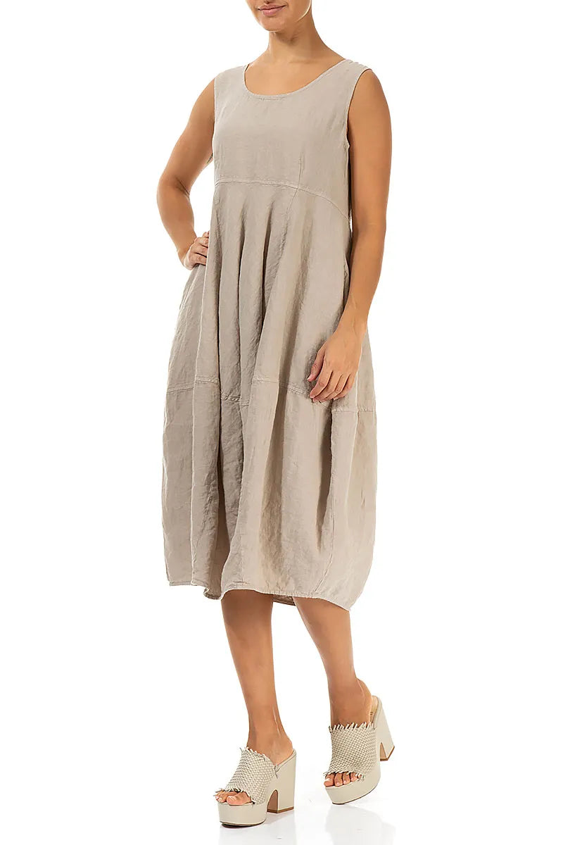 Sleeveless Balloon Beige Linen Dress 3
