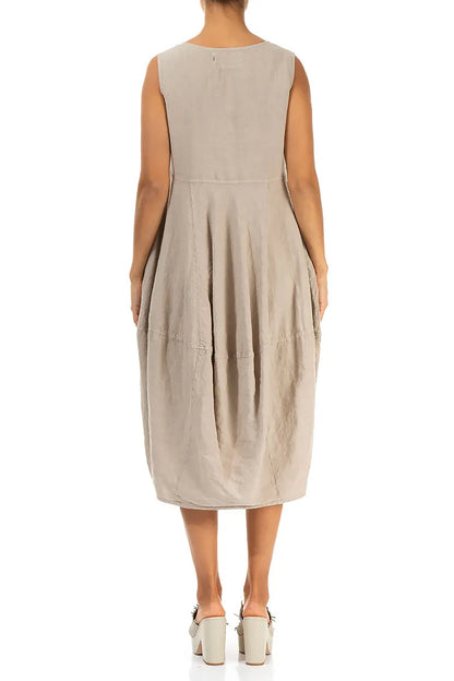 Sleeveless Balloon Beige Linen Dress 2