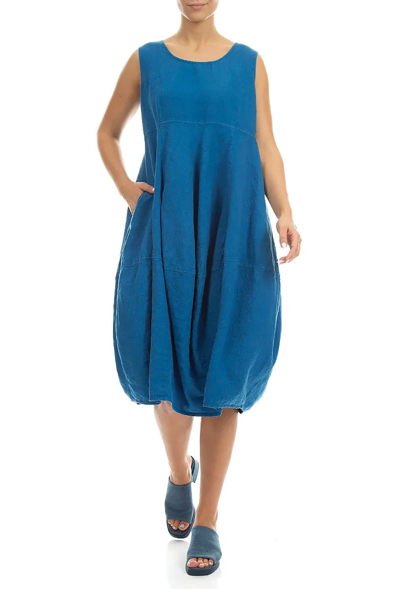 Sleeveless Balloon Cobalt Blue Linen Dress 4