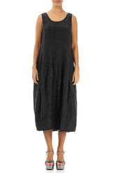Sleeveless Balloon Crinkled Black Silk Linen Dress 1