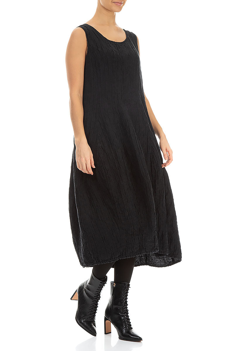 Sleeveless Balloon Crinkled Black Silk Linen Dress 3