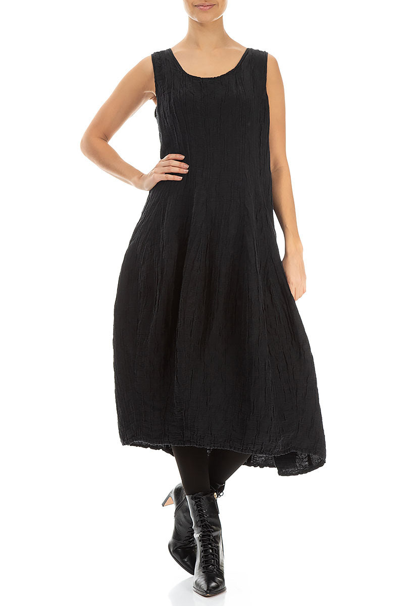 Sleeveless Balloon Crinkled Black Silk Linen Dress 4