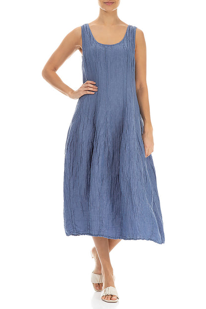 Sleeveless Balloon Crinkled Blue Nova Silk Linen Dress 4
