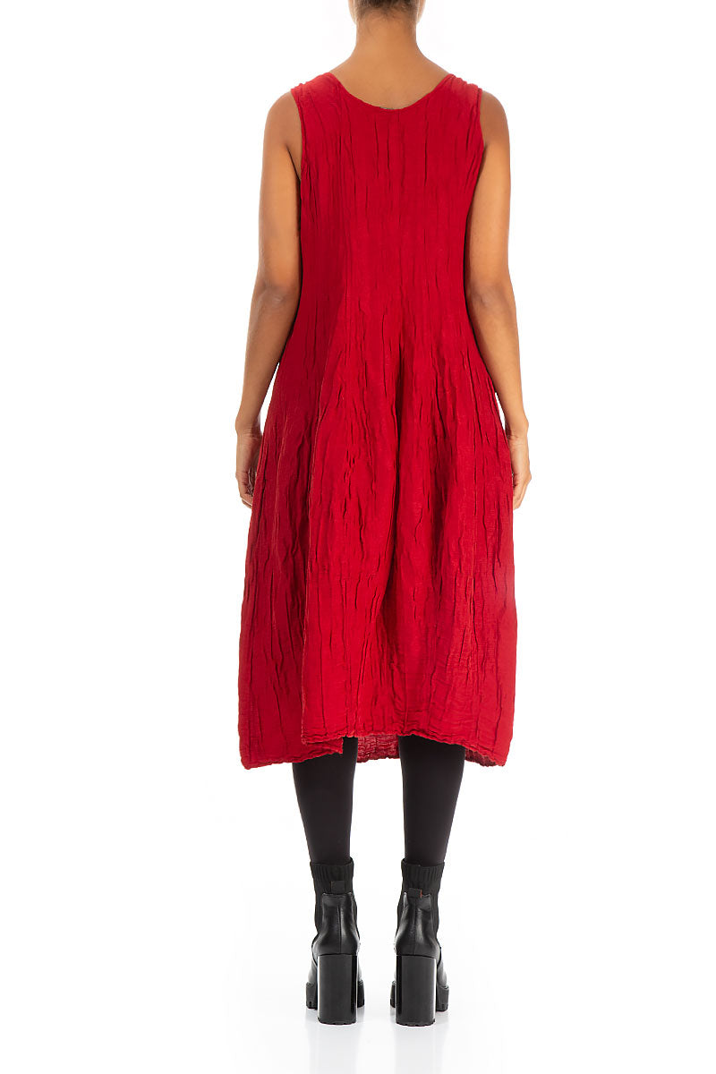 Sleeveless Balloon Crinkled Cherry Red Silk Linen Dress 2