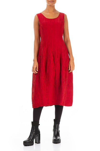 Sleeveless Balloon Crinkled Cherry Red Silk Linen Dress 4