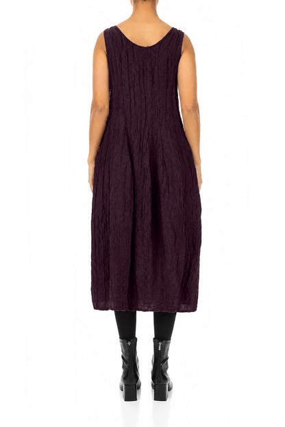 Sleeveless Balloon Crinkled Deep Plum Silk Linen Dress