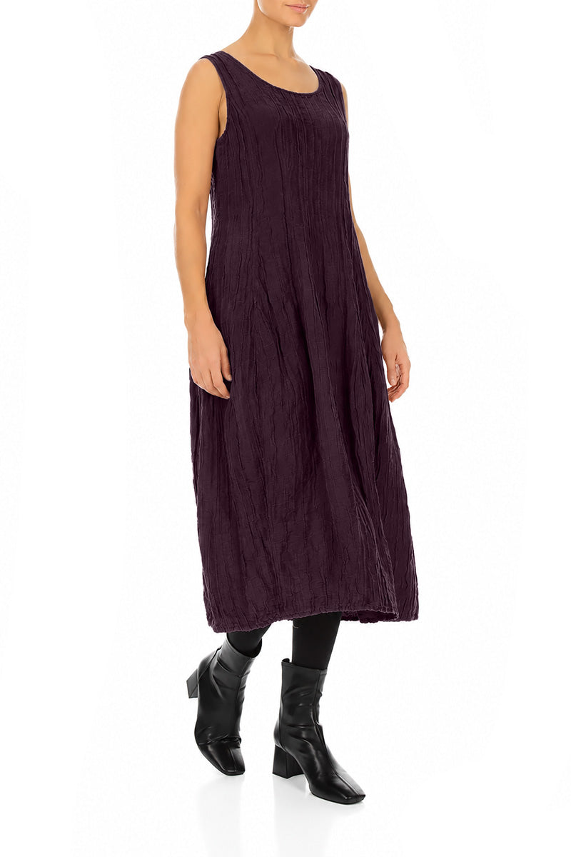 Sleeveless Balloon Crinkled Deep Plum Silk Linen Dress