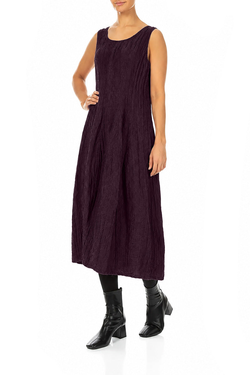 Sleeveless Balloon Crinkled Deep Plum Silk Linen Dress