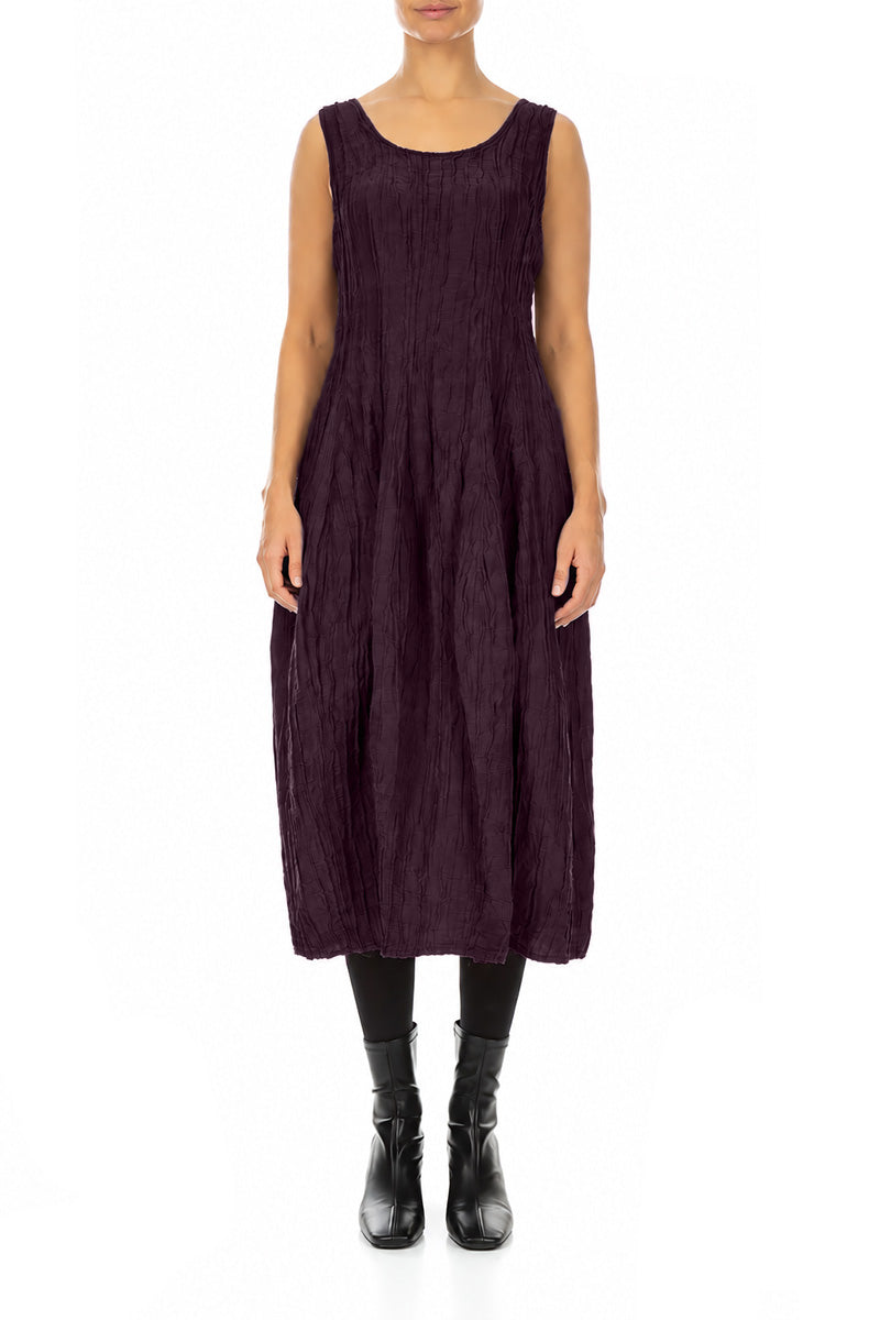 Sleeveless Balloon Crinkled Deep Plum Silk Linen Dress