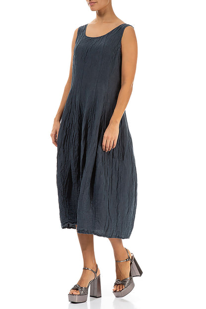 Sleeveless Balloon Crinkled Graphite Silk Linen Dress 3