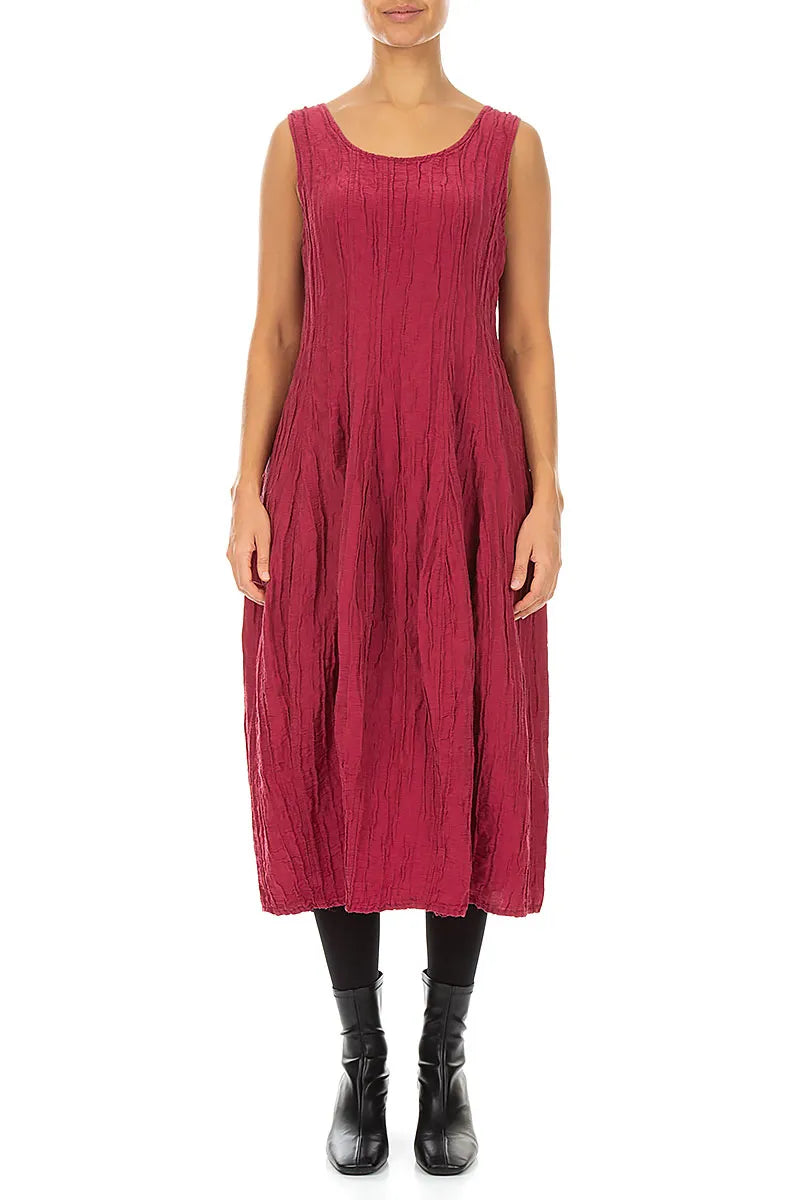 Sleeveless Balloon Crinkled Ruby Silk Linen Dress 1