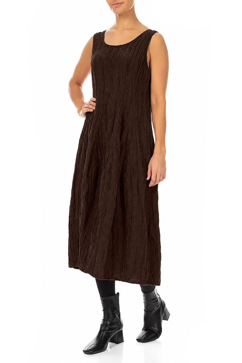 Sleeveless Balloon Crinkled Truffle Brown Silk Linen Dress