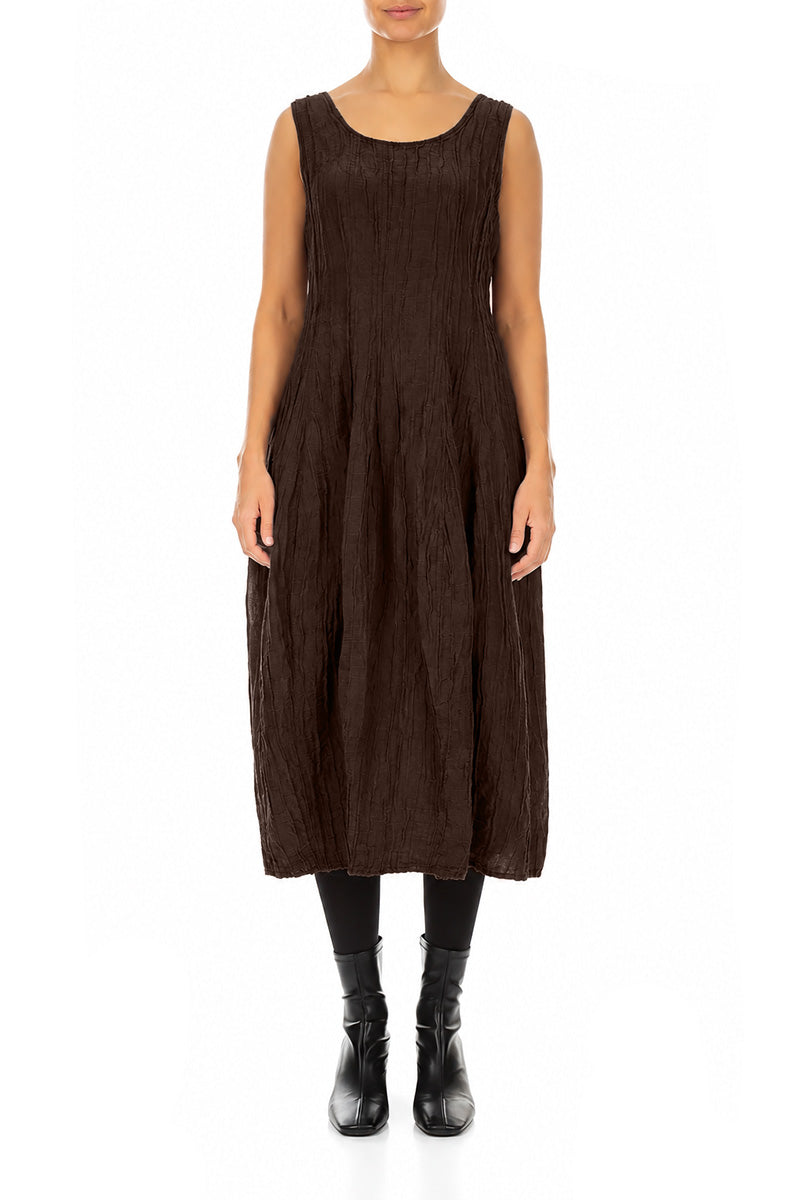 Sleeveless Balloon Crinkled Truffle Brown Silk Linen Dress