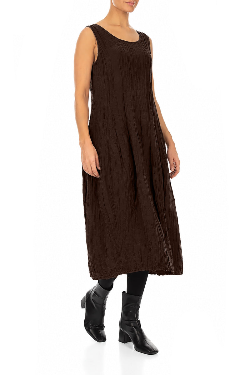 Sleeveless Balloon Crinkled Truffle Brown Silk Linen Dress