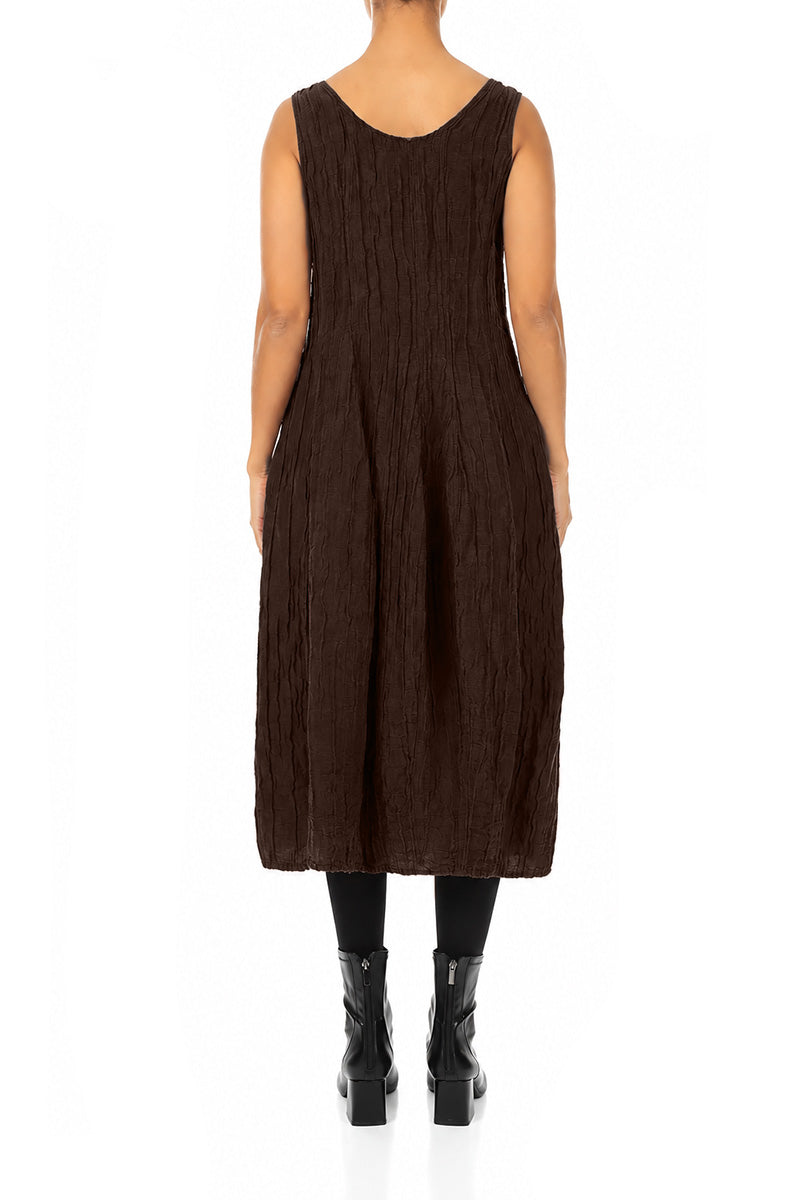 Sleeveless Balloon Crinkled Truffle Brown Silk Linen Dress