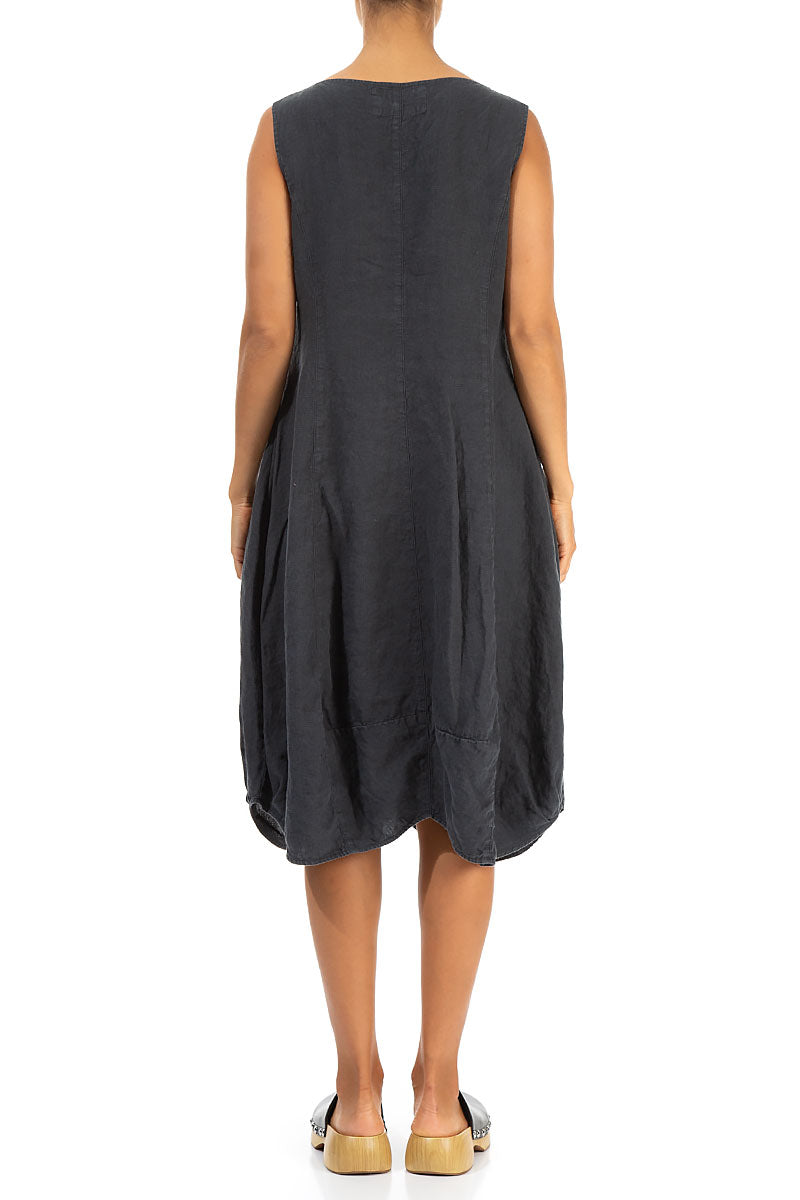 Sleeveless Balloon Pockets Graphite Linen Dress 2