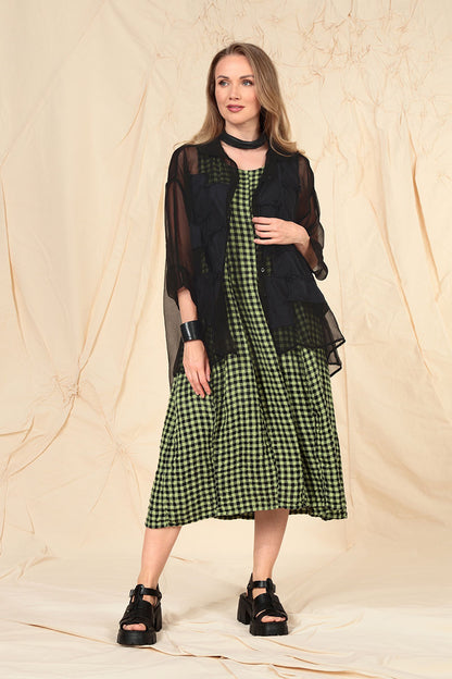 Sleeveless Balloon Lime Check Linen Dress 6