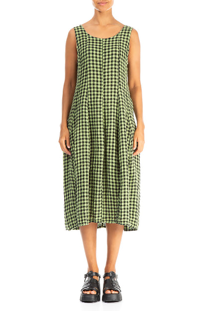 Sleeveless Balloon Lime Check Linen Dress 1