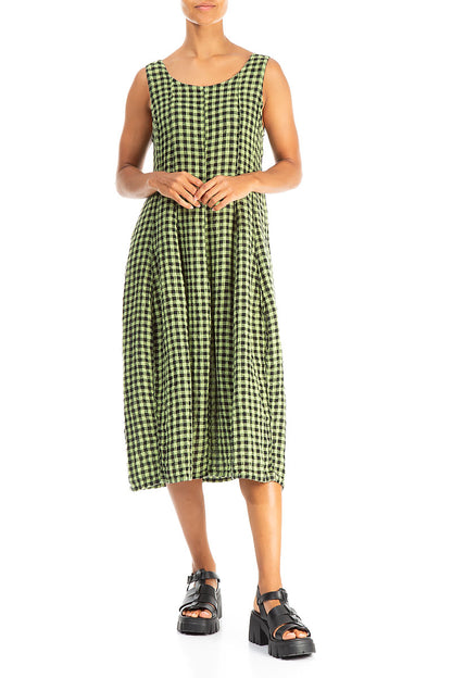 Sleeveless Balloon Lime Check Linen Dress 4