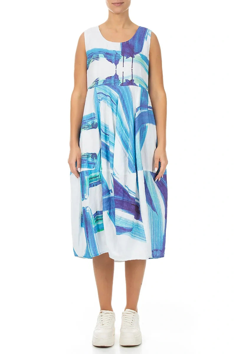 Sleeveless Balloon Marine Brushstroke Linen Dress 1