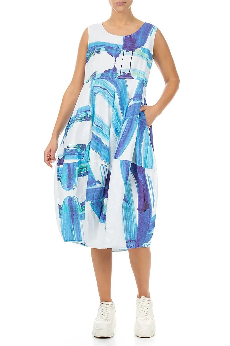 Ärmelloses Ballonkleid aus Leinen mit Marine-Pinselstrich-Muster