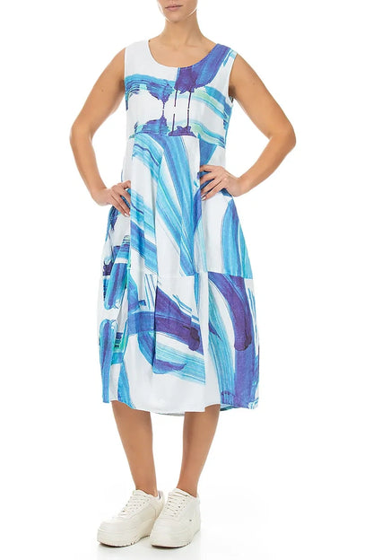 Ärmelloses Ballonkleid aus Leinen mit Marine-Pinselstrich-Muster