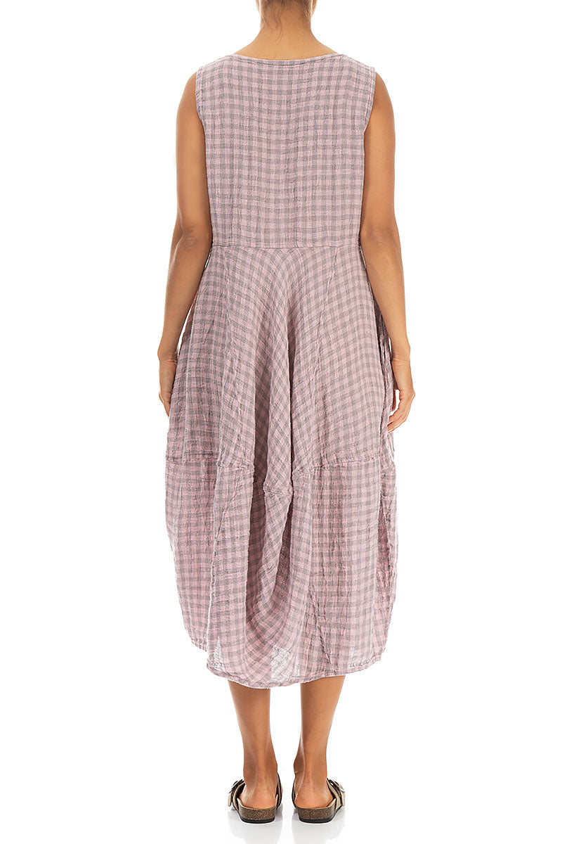 Sleeveless Balloon Pink Check Linen Dress 2