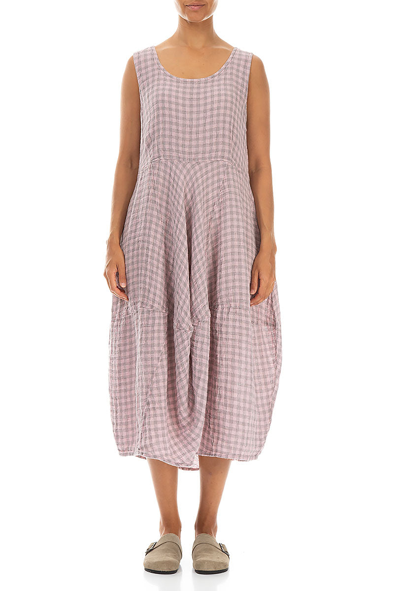 Sleeveless Balloon Pink Check Linen Dress 1